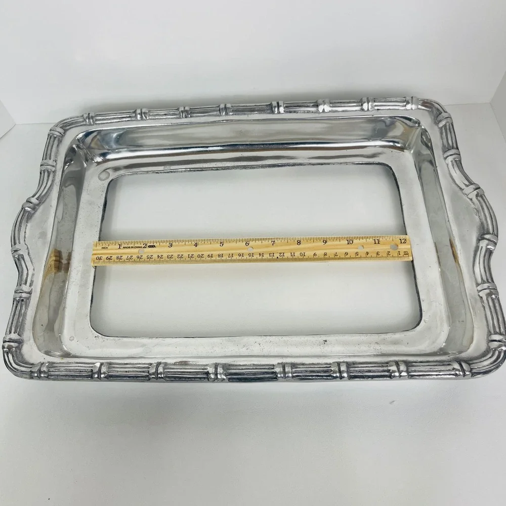 Unbranded Casserole Dish Holder Silver Bamboo Trim Rectangular Pewter Good
